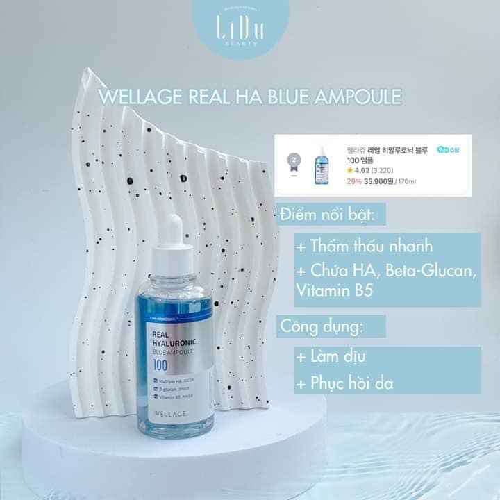 WELLAGE Real Hyaluronic Blue Ampoule - HA cấp nước phục hồi